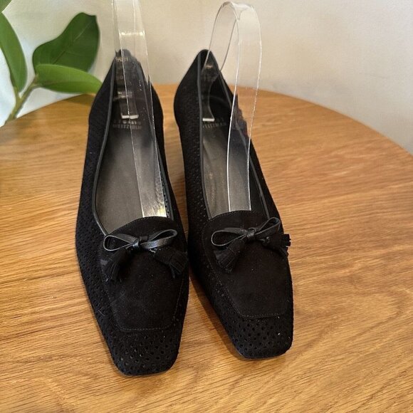 Stuart Weitzman black suede Bow Kitten heel perforated Pumps Size 7.5 W - Picture 1 of 8